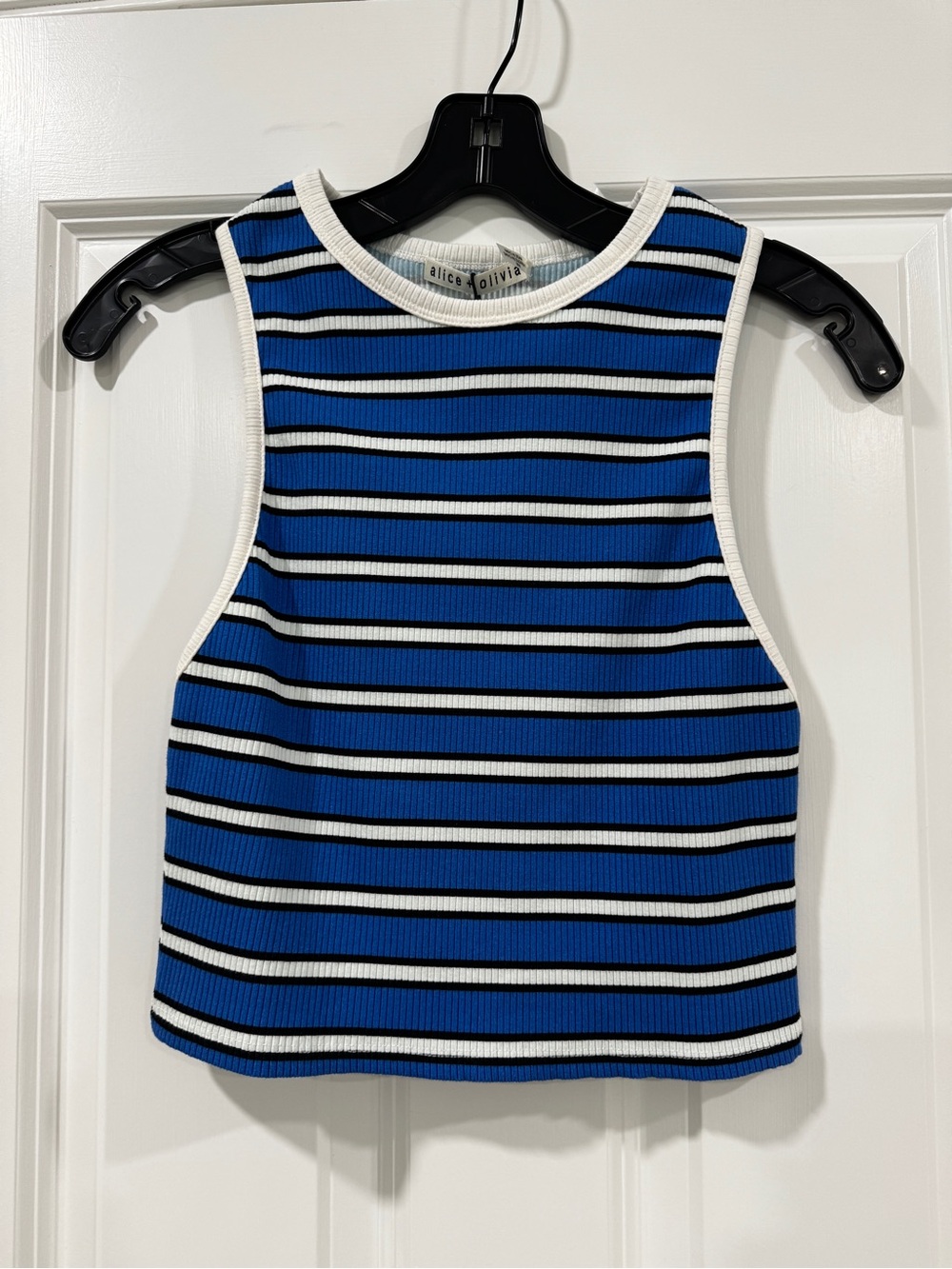 Alice + Olivia Blue, White and Black Striped Ribbed Tank